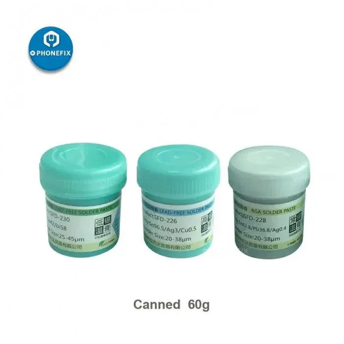 PhoneFix high temperature lead-free solder paste for motherboard repair, shown in a can, ideal for electronic soldering applications.