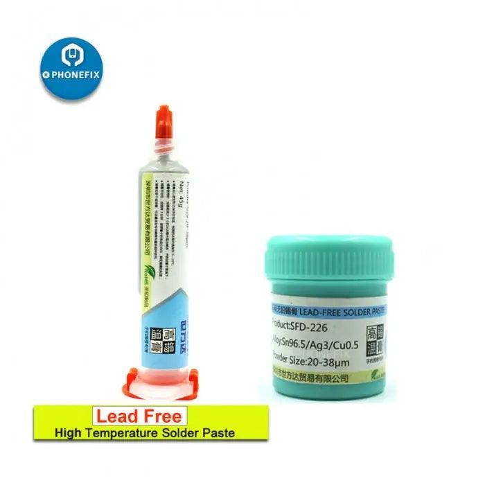 PhoneFix high-temperature lead-free solder paste for motherboard repair, shown in a canister with labeling and applicator tip.