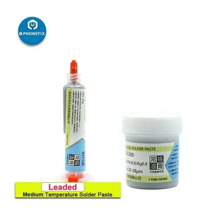 High temperature lead-free solder paste for motherboard repair, shown in a can by PHONEFIX, used for precise electronic soldering.