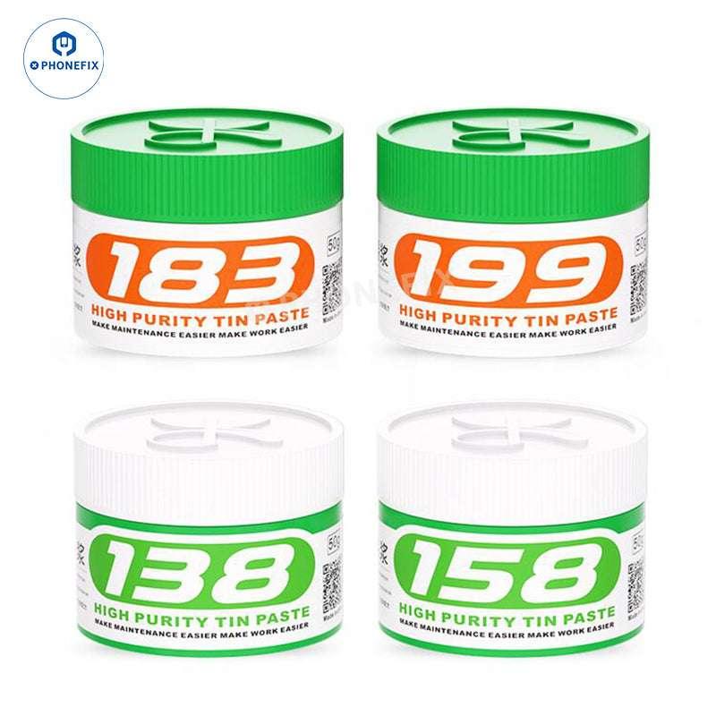 MIJING high purity solder tin paste for electronics, showing a container of PHONEFIX solder paste with temperature labels.