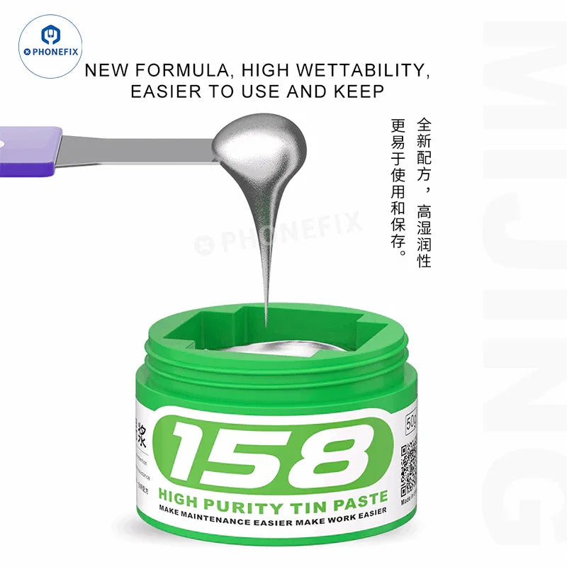 Phonefix MIJING high purity solder tin paste, shown in a container with a smooth, metallic surface, suitable for electronics soldering.
