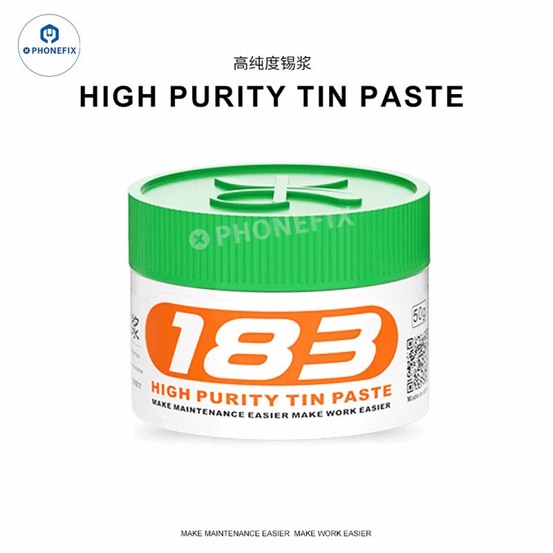 MIJING PHONEFIX high purity solder tin paste at 183℃, used for electronic soldering and circuit board assembly.