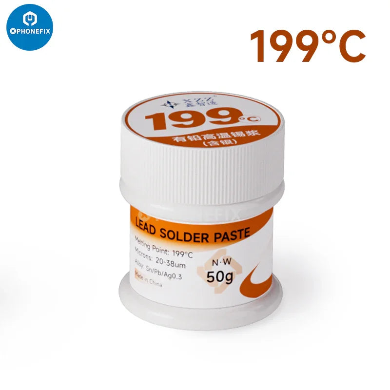 Pasta de soldadura de estaño sin plomo Phonefix, fundente de 199 °C para soldadura precisa, que se muestra en la imagen con un primer plano del envase del producto.