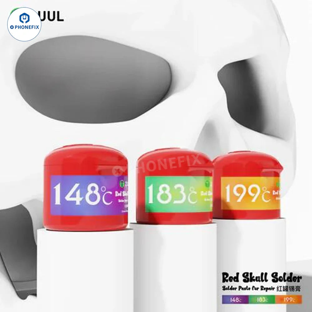 Phonefix 2UUL Red Skull Solder Paste Flux for soldering repairs, 50g, with temperature ranges of 148℃, 183℃, and 199℃