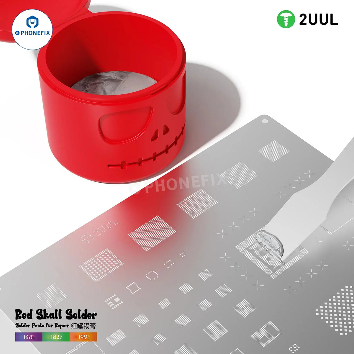 Phonefix 50g Red Skull Solder Paste Flux for soldering repairs, with temperature ranges of 148℃, 183℃, and 199℃.