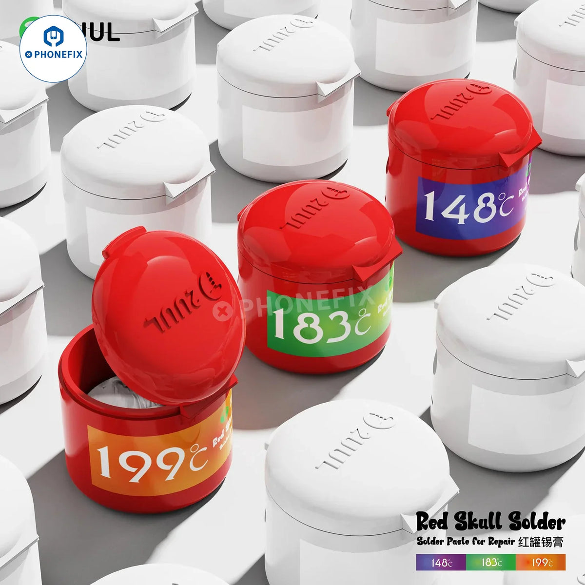 PhoneFix 2UUL Red Skull solder paste flux for electronics soldering and repair, with 50g packaging and high-temperature ranges.