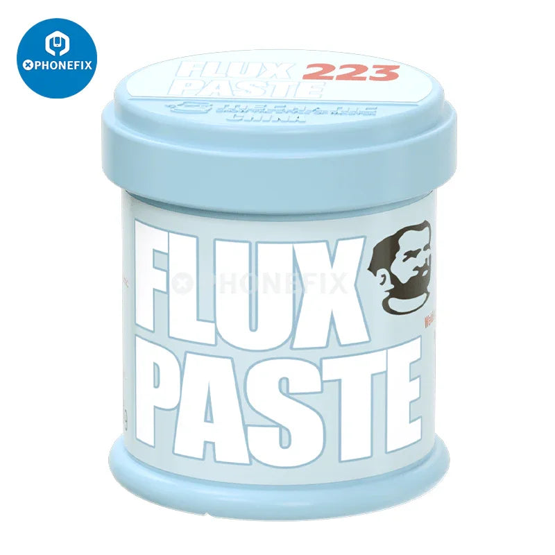 PhoneFix UV223/559 lead-free solder paste flux for welding, shown in a clear container, ideal for electronics soldering applications.