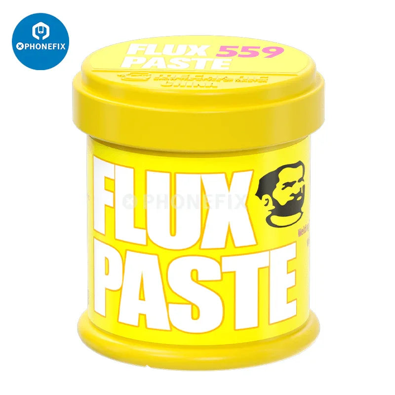 PhoneFix UV223/559 lead-free solder paste flux for welding, shown in a small container with a smooth, gray paste inside.