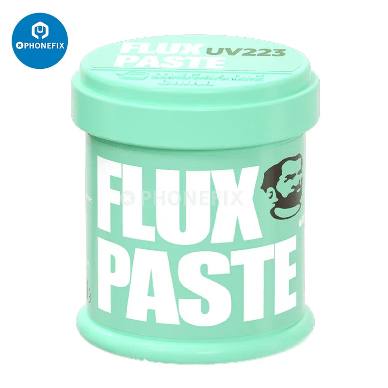 PhoneFix UV223/559 lead-free solder paste flux for welding, shown in a close-up of the solder paste container with label.