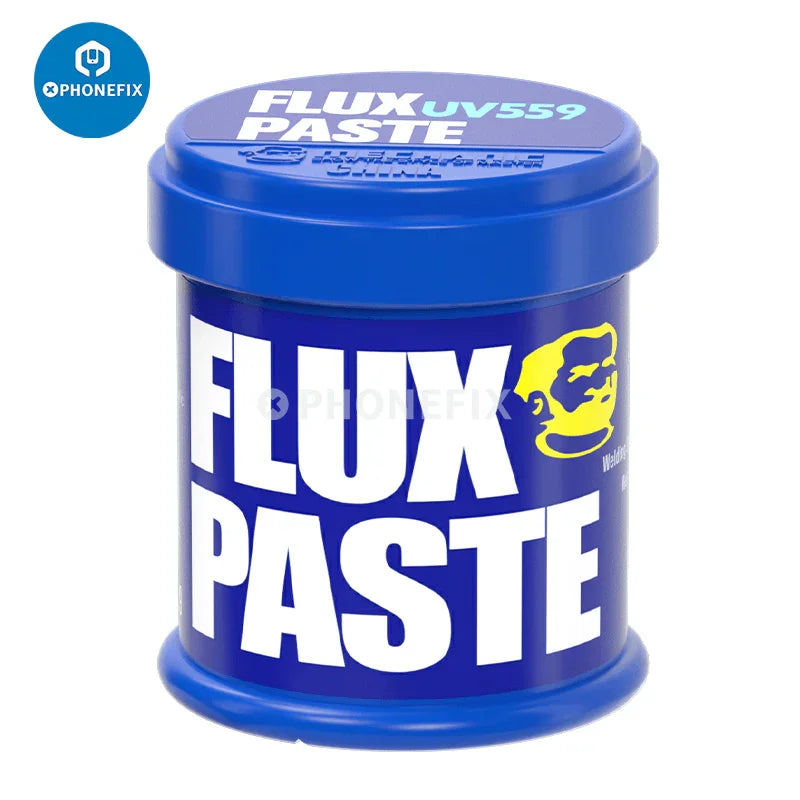 PhoneFix UV223/559 lead-free solder paste flux for welding, shown with a close-up of the gray paste and flux container.