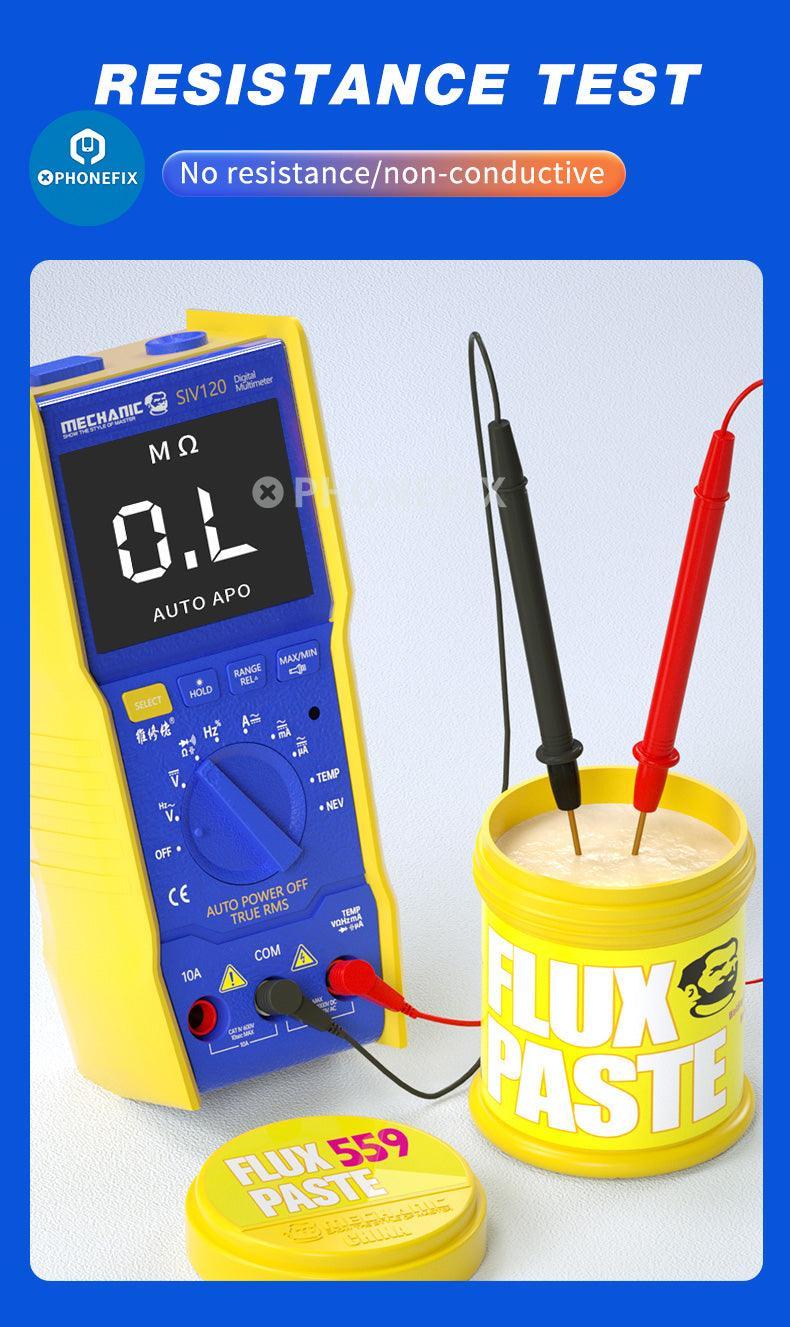 PhoneFix UV223/559 lead-free solder paste in a metal container, with flux and welding oil for electronics soldering.