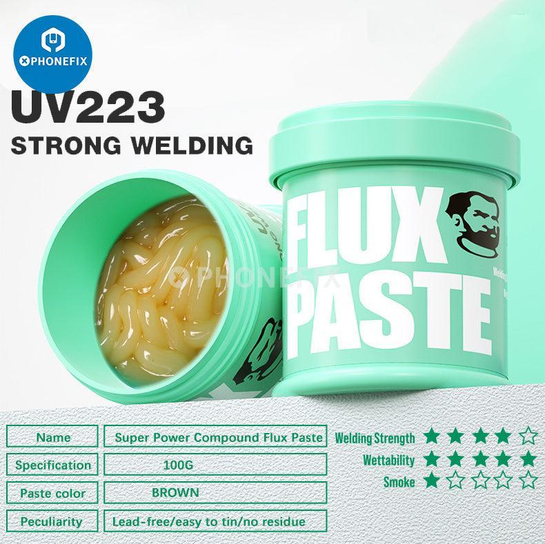 PhoneFix UV223/559 lead-free solder paste flux for welding, shown in a small container with a metal applicator.