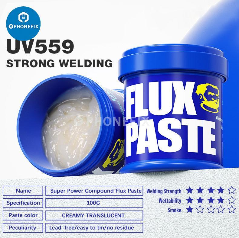 Phonefix UV223/559 lead-free solder paste and flux for welding, with a close-up view of the solder paste container and application area.