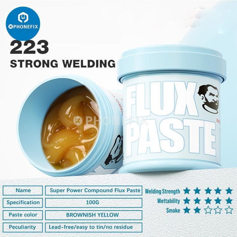 PhoneFix UV223/559 lead-free solder paste flux for welding, shown in a small metal container with a smooth, gray paste inside.