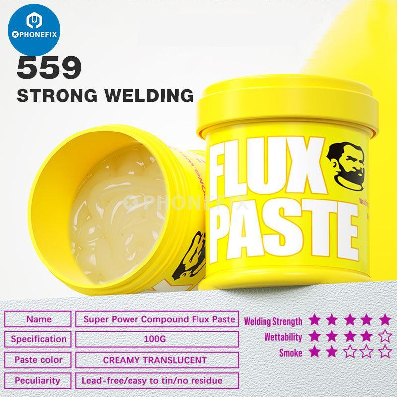 PhoneFix UV223/559 lead-free solder paste and flux for welding, shown in a close-up of the gray solder paste container.
