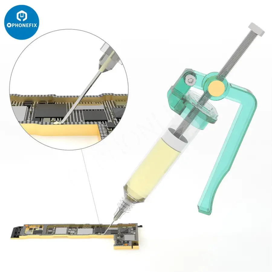 2UUL SC03 TubeMate syringe with flux paste, push rod for soldering, by PHONEFIX, used for precise electronics soldering.