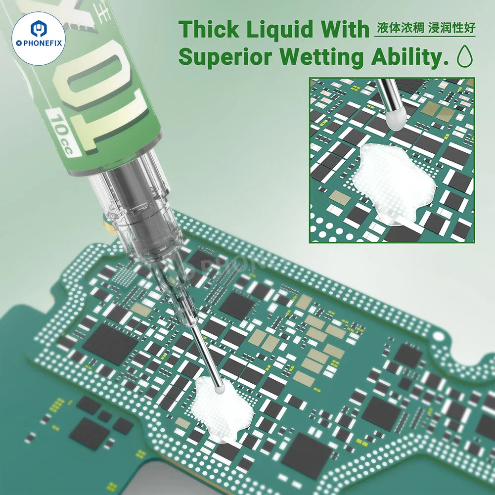PHONEFIX 2UUL SC16 SC17 SC18 Aceite de soldadura fundente para reparación de circuitos integrados de PCB móviles, que muestra el envase de la pasta de soldadura y su aplicación.
