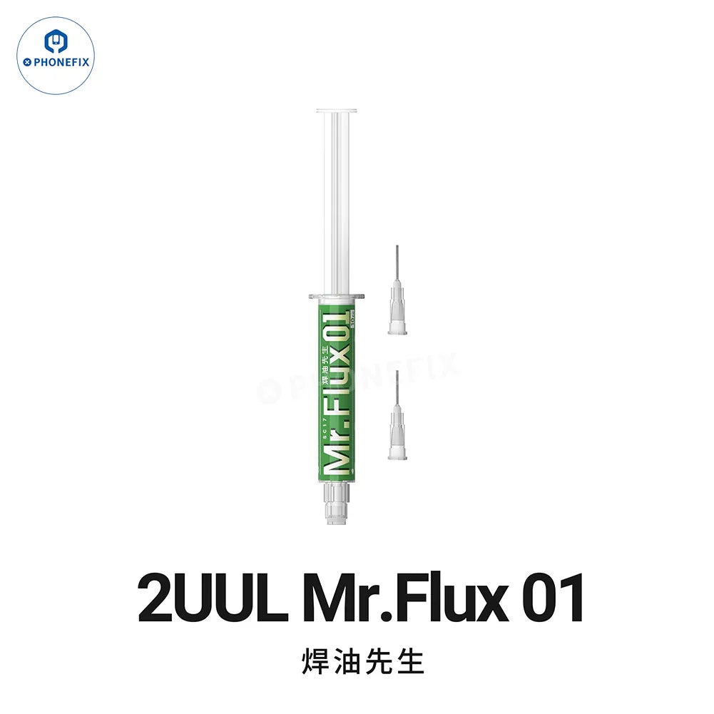 Botella de 10 ml de aceite fundente para soldadura PHONEFIX 2UUL SC16 SC17 SC18 para reparación de PCB y circuitos integrados en dispositivos móviles, en un envase de plástico transparente.