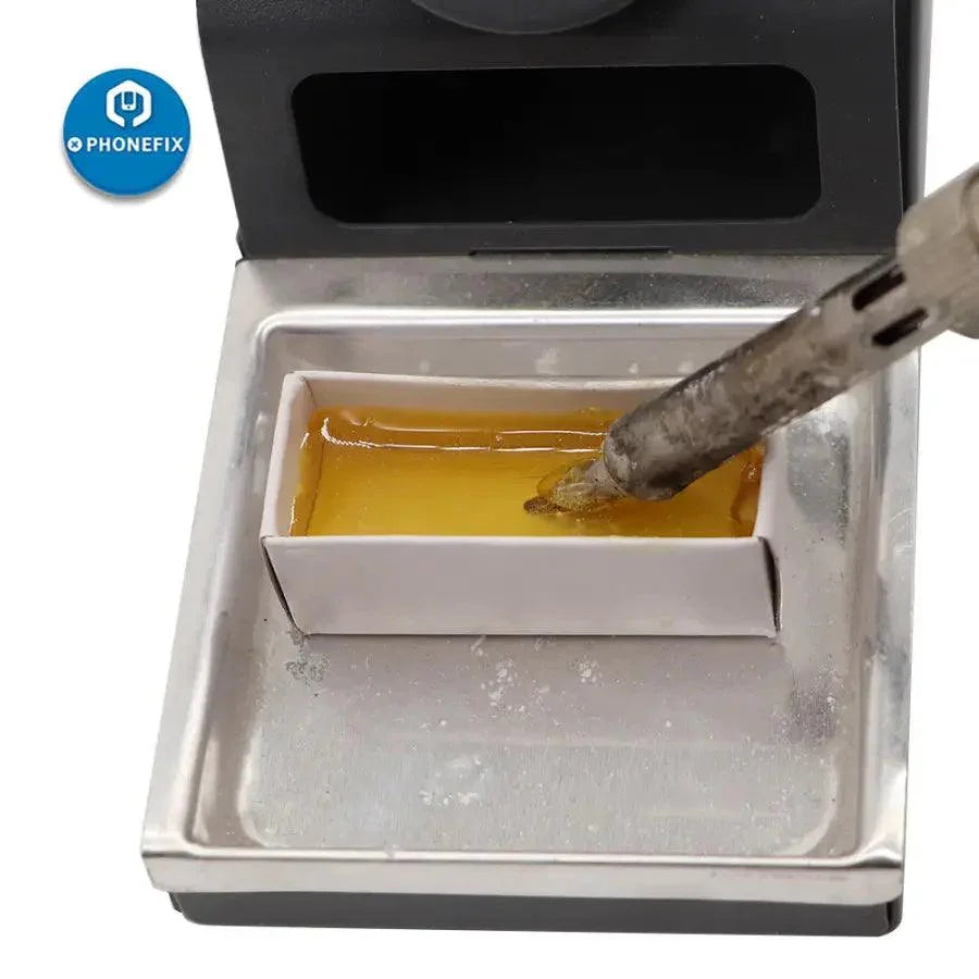 Small carton of PhoneFix rosin solder paste for phone repair, showing five containers of welding flux for precise soldering tasks.