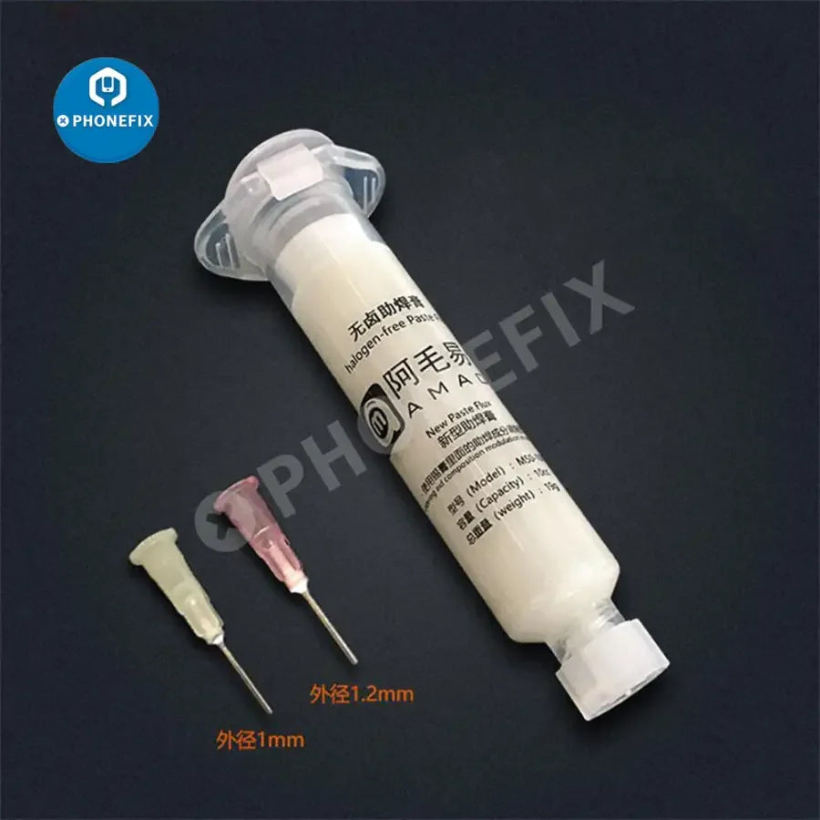 AMAOE M50 M159 M52 solder paste flux in a syringe for aluminum alloy, used for electronics soldering by PHONEFIX.