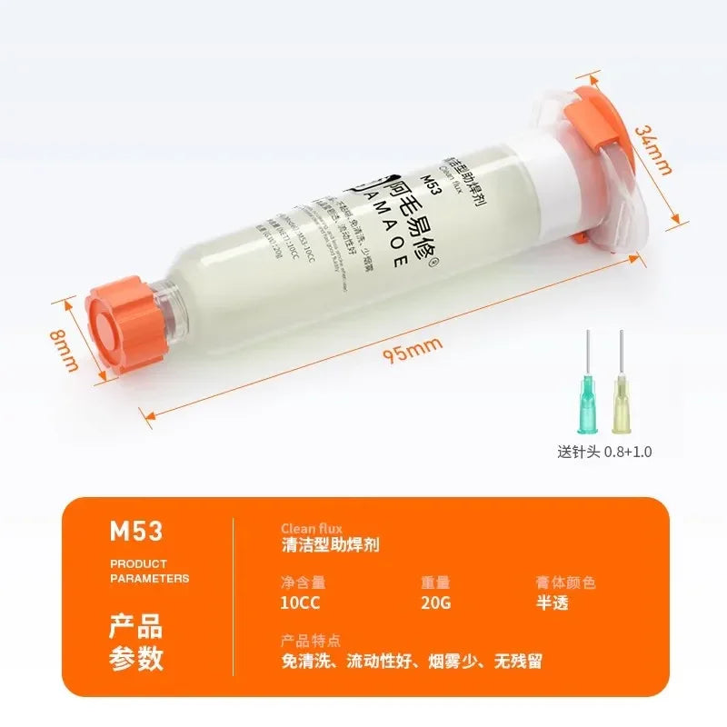 Phonefix AMAOE M50 M159 M52 solder paste flux in aluminum alloy syringe for electronic soldering and assembly.