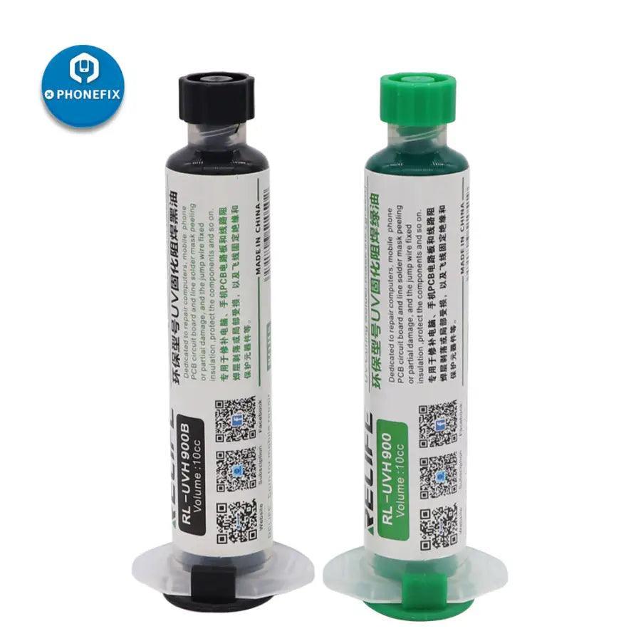 Relife RL-UVH900 UV curing solder mask ink applied on circuit board, used for solder paste application in electronics manufacturing.