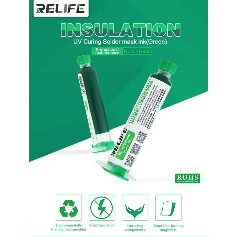 Relife RL-UVH900 UV curing solder mask ink applied to circuit board for solder paste protection, by PHONEFIX.