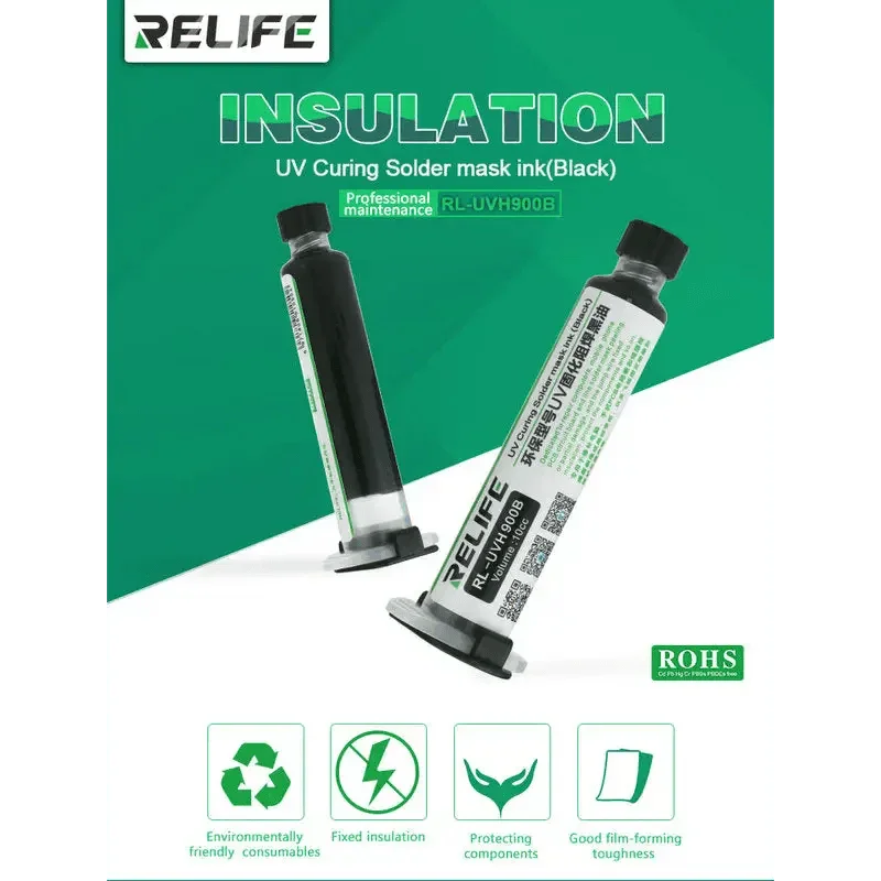 Relife RL-UVH900 UV curing solder mask ink applied on a circuit board for precise soldering and protection.