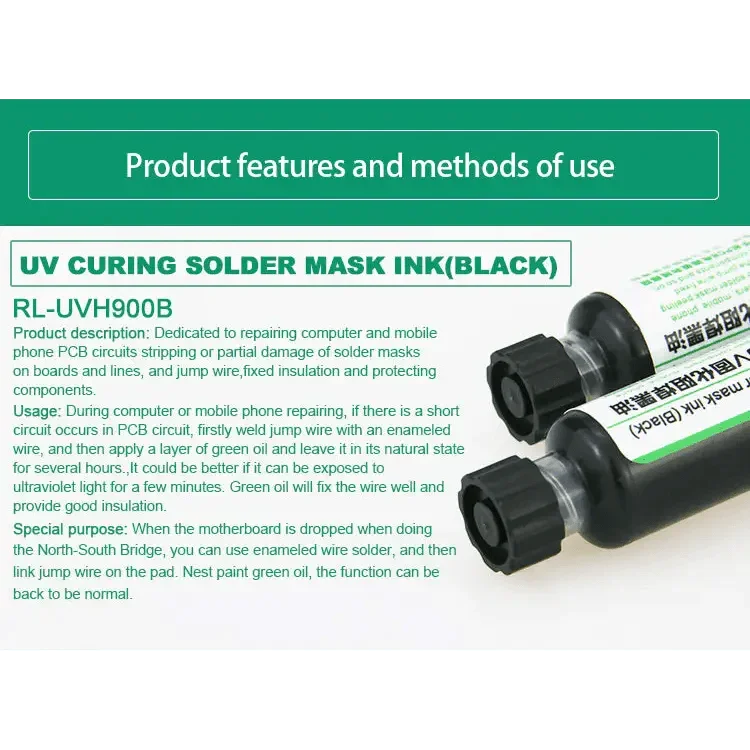 Relife RL-UVH900 UV curing solder mask ink applied to circuit board, used for precise solder paste application in electronics.
