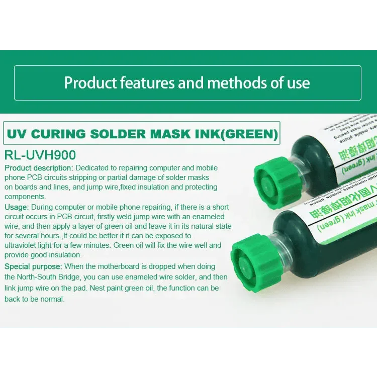 Relife RL-UVH900 UV curing solder mask ink applied on a circuit board for precise soldering and protection.