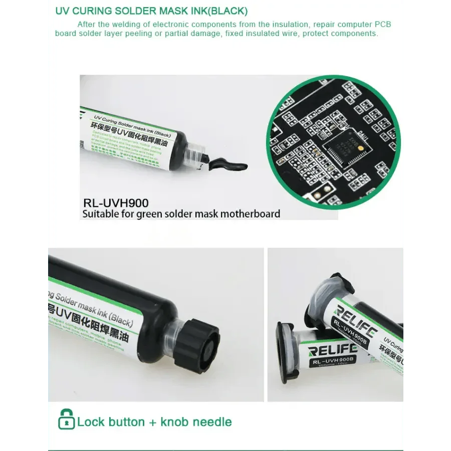 Relife RL-UVH900 UV curing solder mask ink applied on circuit board, used with solder paste for electronic repairs and manufacturing.
