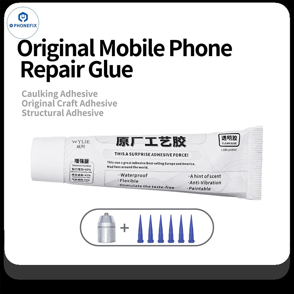 Adhesivo estructural original PhoneFix WYLIE para la reparación de la pantalla LCD trasera del teléfono, que se muestra como pasta de soldadura aplicada en un dispositivo móvil.