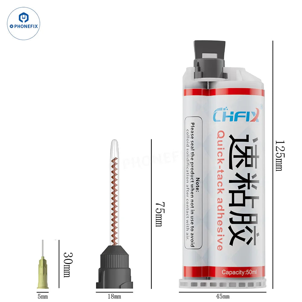 PhoneFix CHFIX quick adhesive curing glue in a 50ml bottle, designed for phone LCD glass frame repairs, with solder paste consistency.
