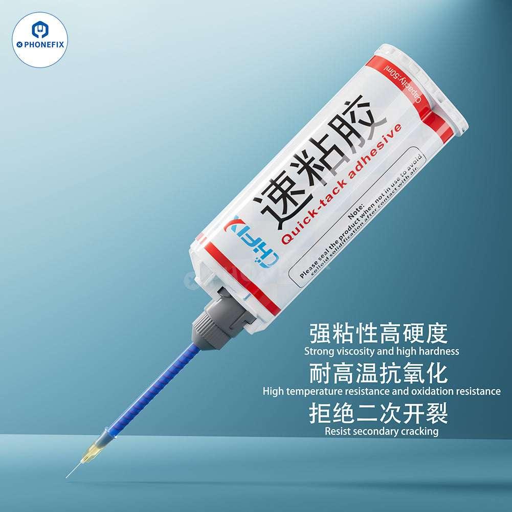 PHONEFIX CHFIX Quick Adhesive curing glue for phone LCD glass frame, shown as a 50ml tube of solder paste for repair.