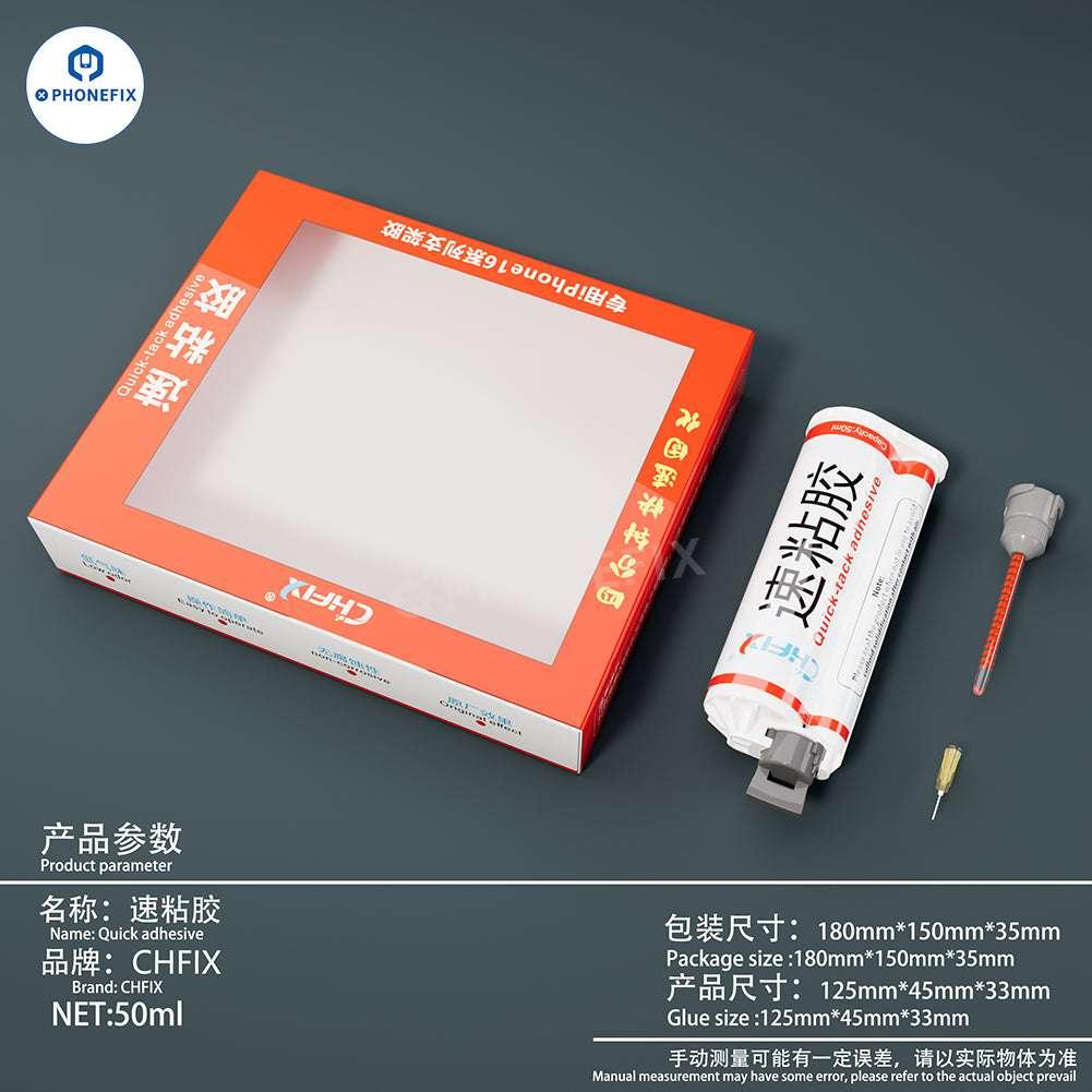 PHONEFIX CHFIX Quick Adhesive curing glue for phone LCD glass frame, showing the 50ml solder paste container with label.