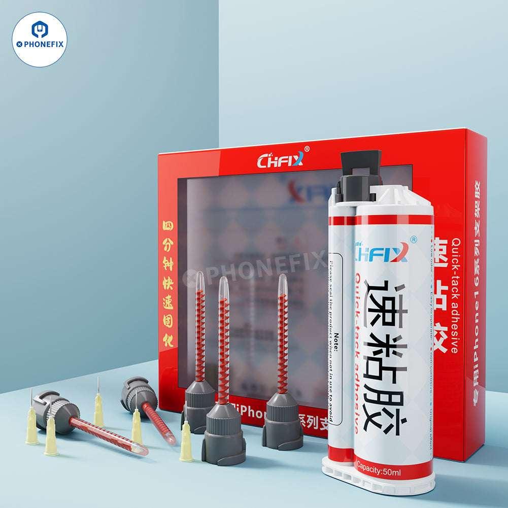 PHONEFIX CHFIX Quick Adhesive curing glue for phone LCD glass frame, showing 50ml bottle of solder paste with applicator tip