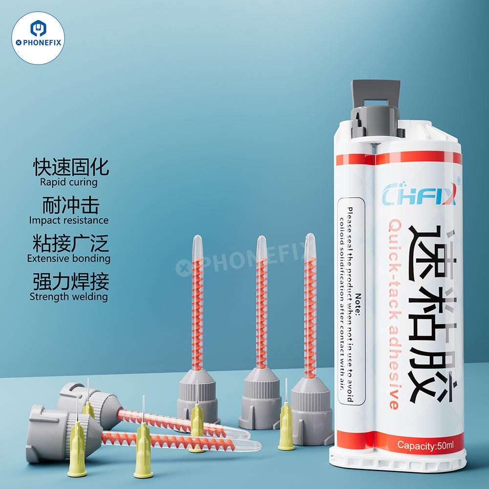 PHONEFIX CHFIX Quick Adhesive curing glue for phone LCD glass frame, shows 50ml solder paste container with application tip.