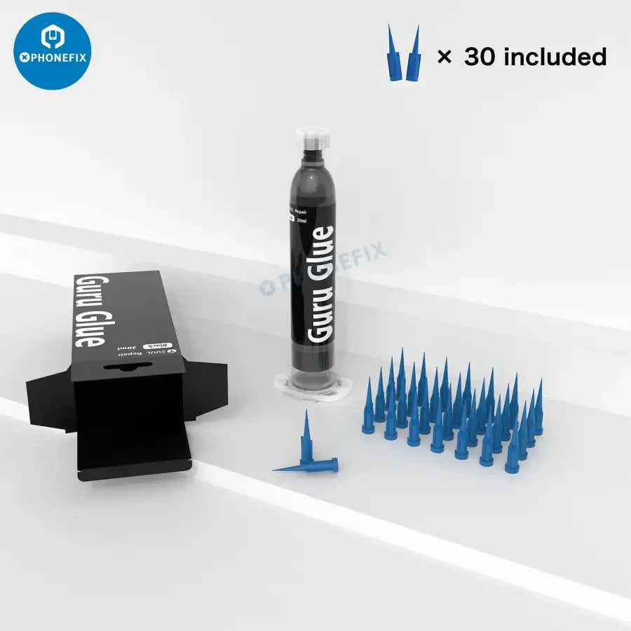 PhoneFix 30ML Solder Paste with Soft Buffer Adhesive Guru Glue for phone repair, featuring a white 2UUL container and precise application.