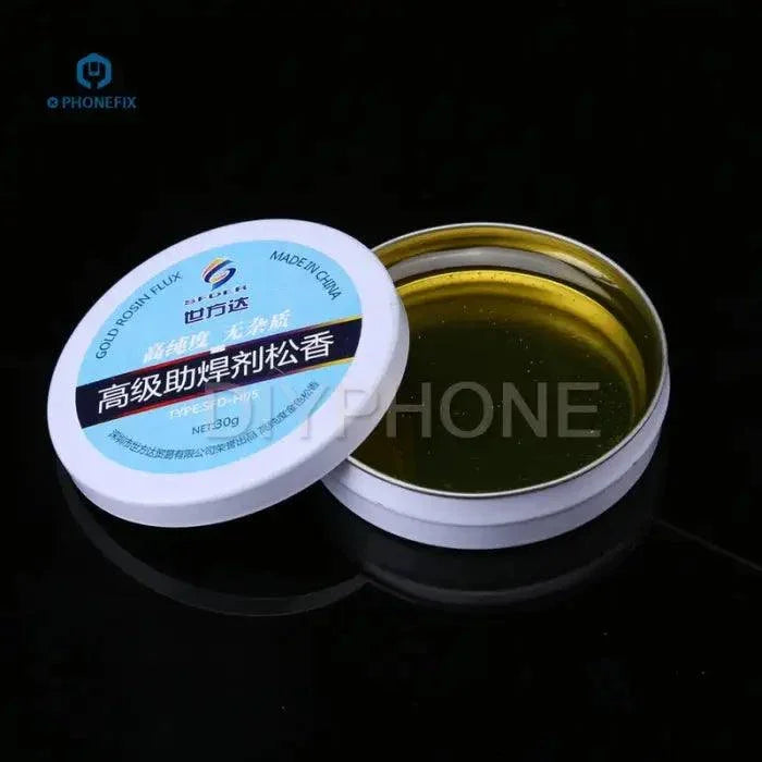 30g PhoneFix premium rosin solder paste flux for PCB welding, showing the no impurity solder paste container and applicator.