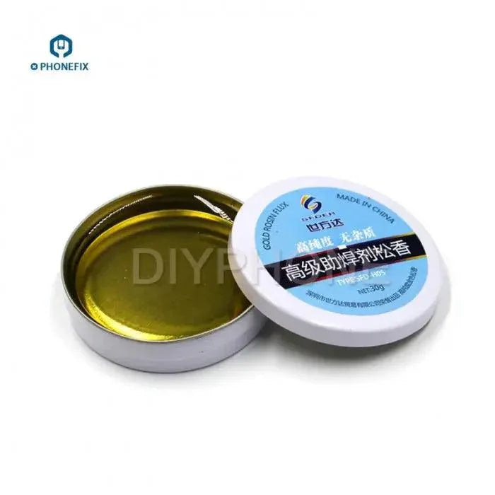 Phonefix 30g premium rosin flux solder paste for PCB welding, showing the light-colored, smooth solder paste in a small container.