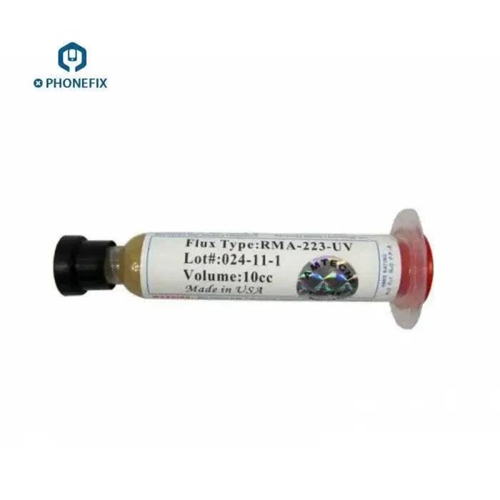 Amtech 10CC RMA-223-UV solder paste flux for BGA PCB repair, used for electronics assembly and rework by PHONEFIX.
