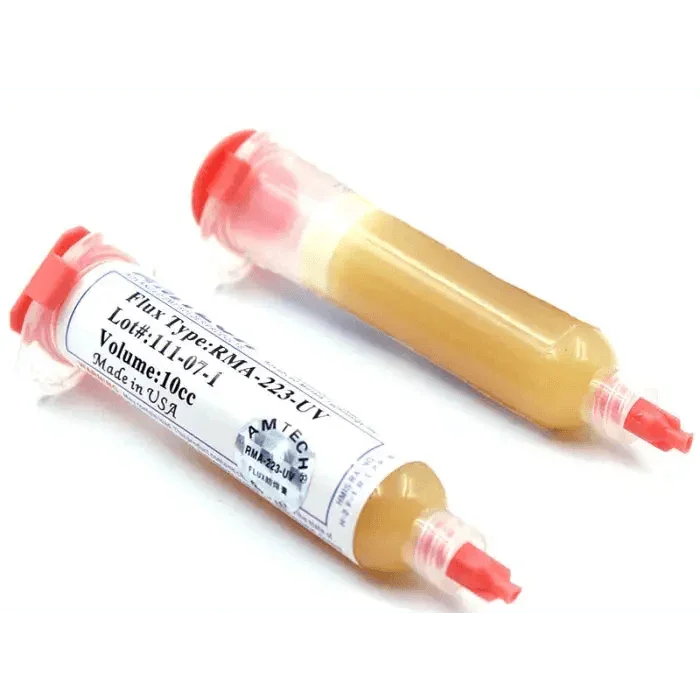 Amtech 10cc RMA-223-UV solder paste flux for BGA PCB repair, used by PHONEFIX for electronics and circuit board maintenance.