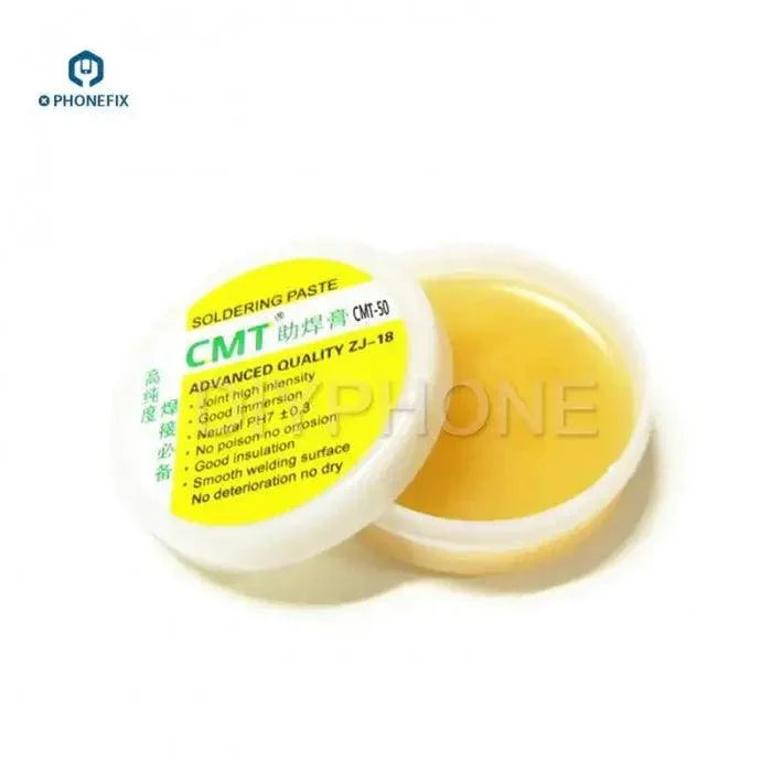 CMT-50 Advanced Environmental Rosin Soldering Solder Flux Paste by PHONEFIX, close-up of the solder flux paste container.