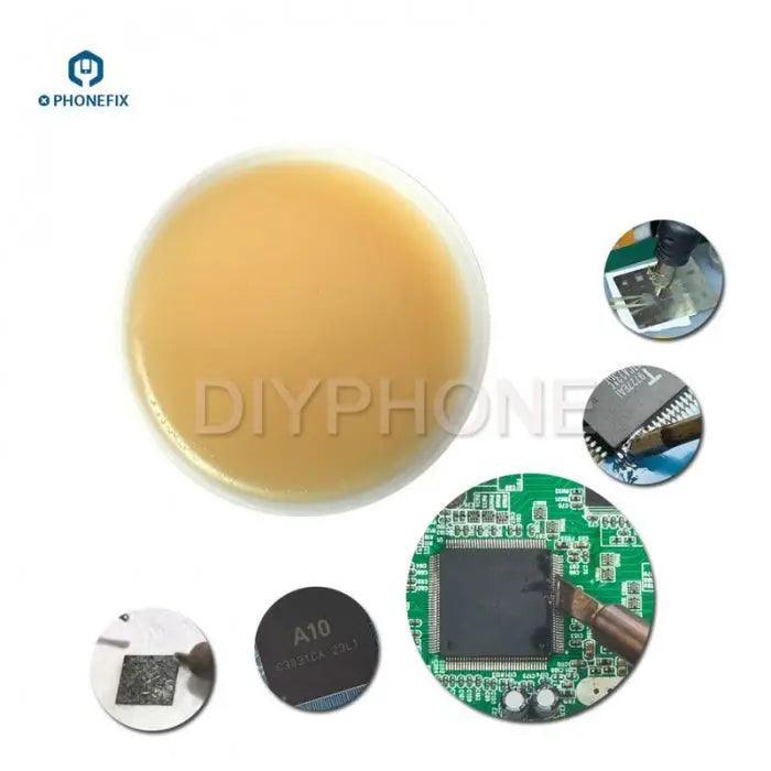 PhoneFix CMT-50 advanced environmental rosin soldering flux paste for electronics repair, showing the solder flux in a container.