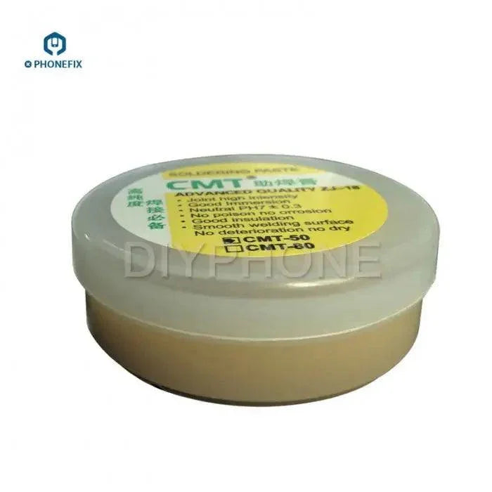 Phonefix CMT-50 Advanced Environmental Rosin Soldering Solder Flux Paste in a small container for electronic soldering.