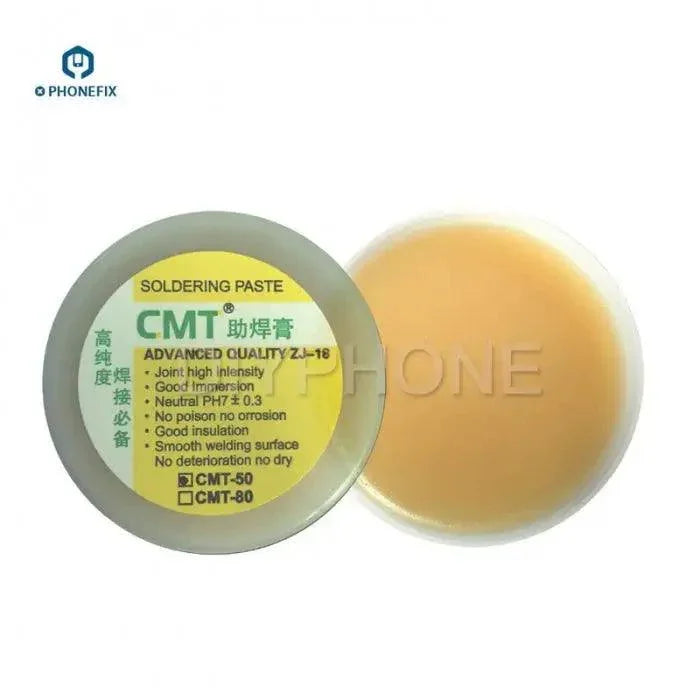 PhoneFix CMT-50 Advanced Environmental Rosin Soldering Solder Flux Paste in a small container for electronics soldering.