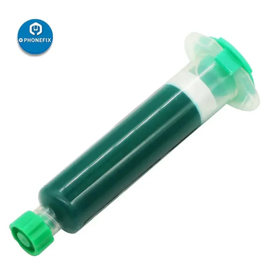 Green UV solder mask resist soldering paste from PHONEFIX, used for PCB soldering and flux application in electronics repair.
