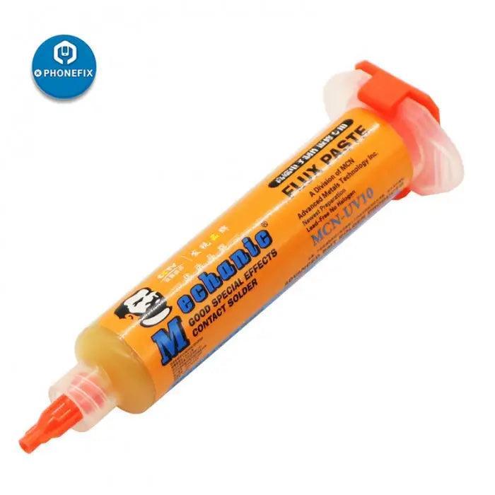 PHONEFIX Mechanic RMA-UV10 10cc No-Clean BGA PCB Soldering Paste Flux Grease for electronics repair and soldering applications.