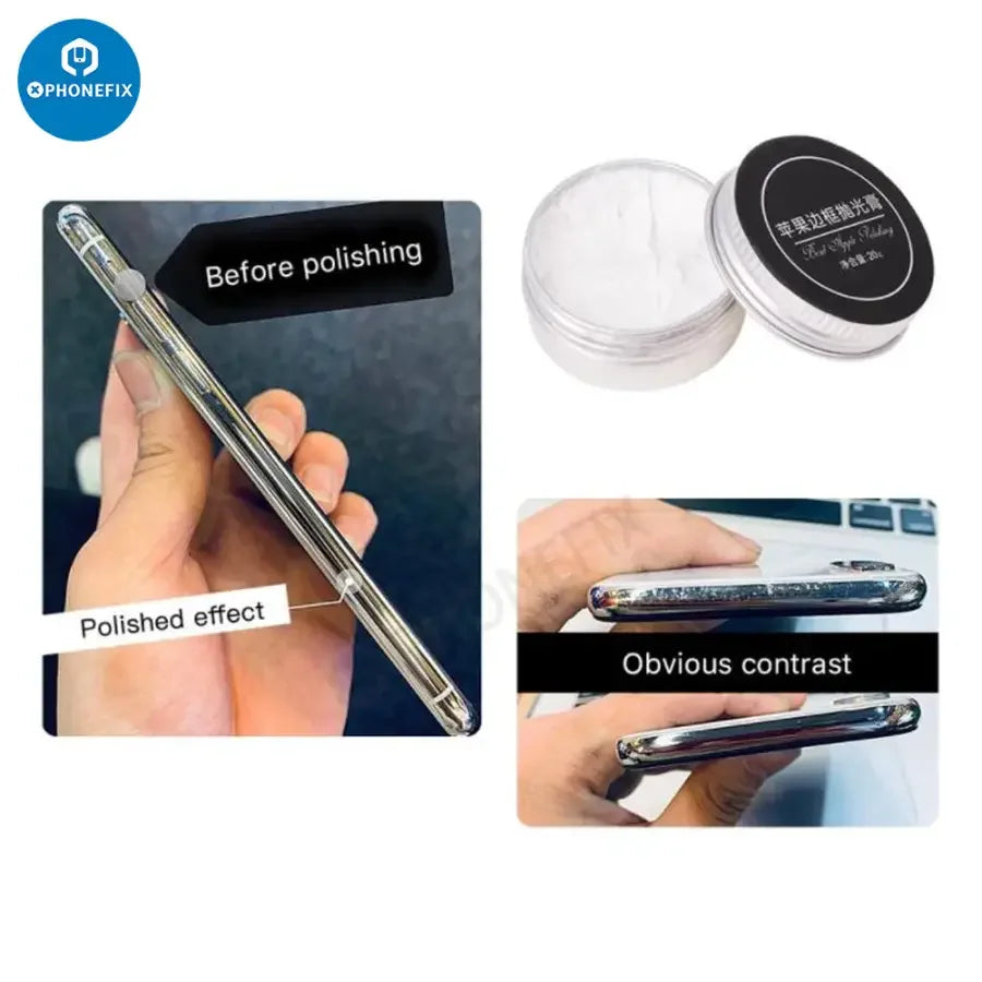 PhoneFIX silver frame polishing paste for iPhone, scratch remover and solder paste for phone repair and frame polishing.