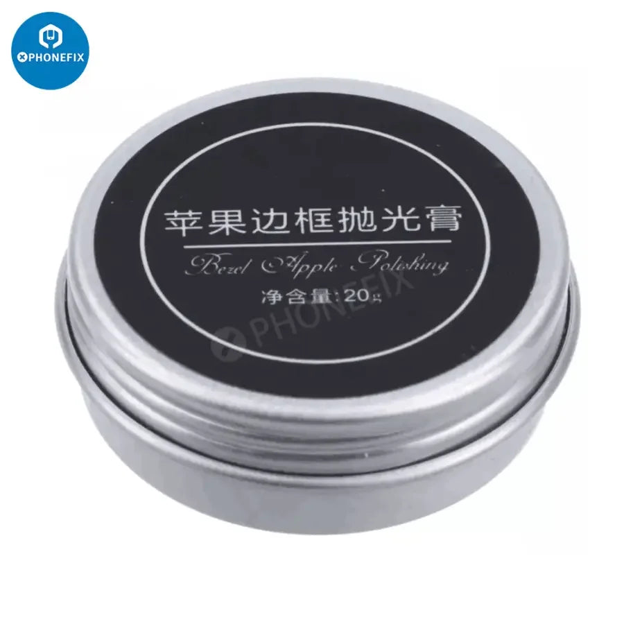 PhoneFIX silver solder paste for iPhone, used to polish and remove scratches from the phone's silver frame.
